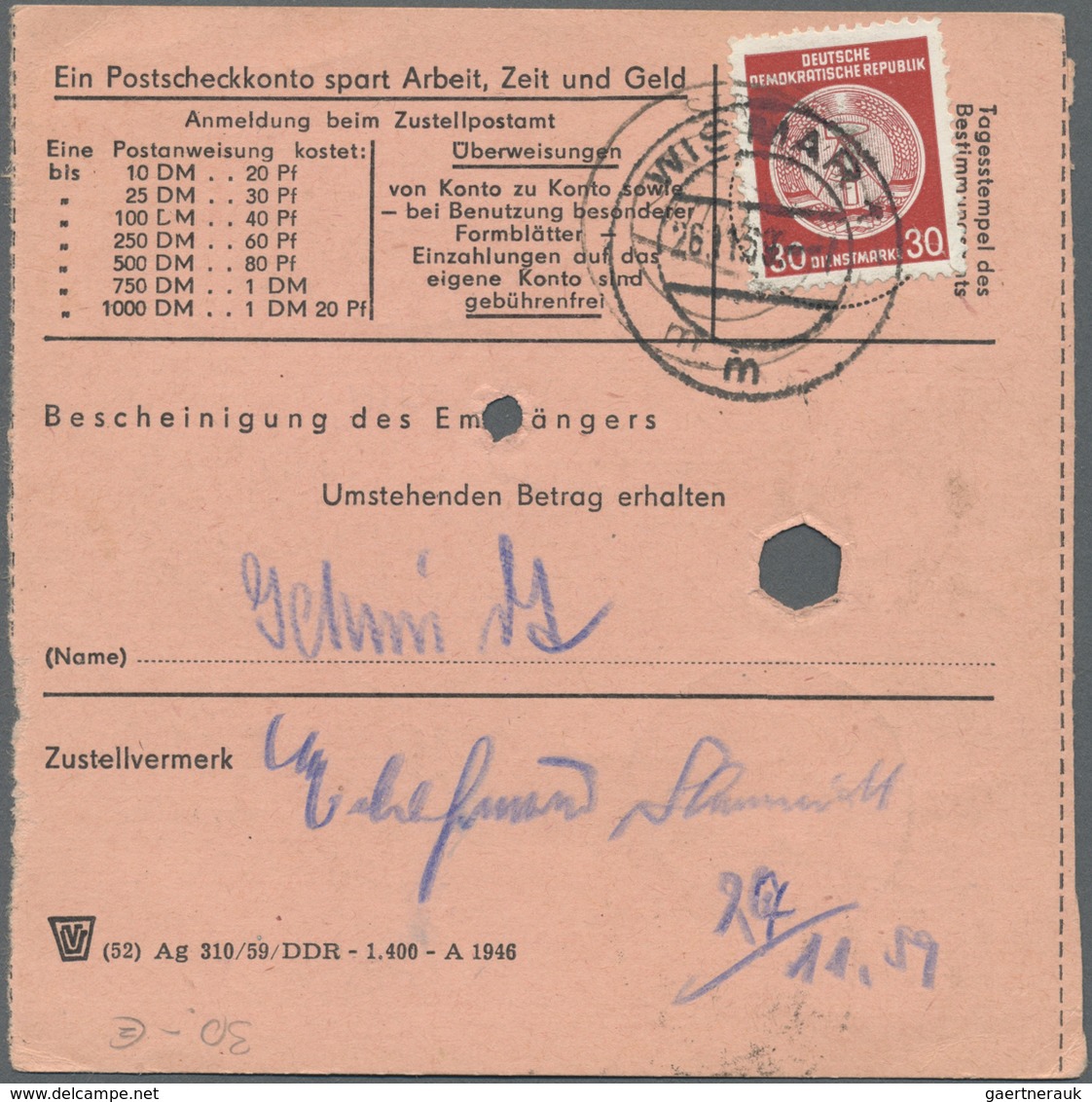 Br DDR - Dienstmarken A (Verwaltungspost B): 1954, 2 X 30 Pf Bräunlichrot, MeF Auf Postanweisung über 2 - Sonstige & Ohne Zuordnung