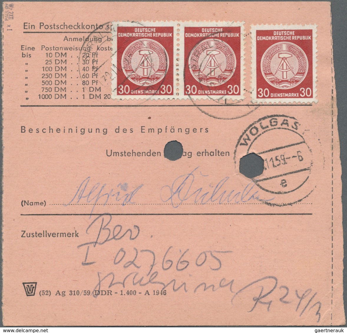 Br DDR - Dienstmarken A (Verwaltungspost B): 1954, 4 X 30 Pf Bräunlichrot, MeF Auf Postanweisung über 1 - Altri & Non Classificati