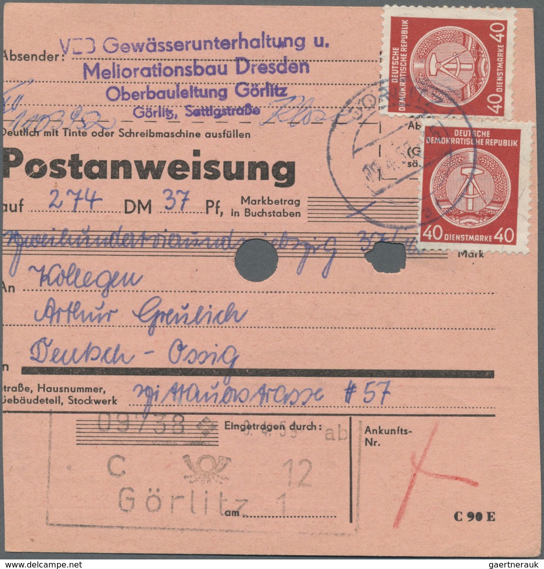 Br DDR - Dienstmarken A (Verwaltungspost B): 1954, 2 X 40 Pf Rot, MeF Auf Postanweisung über 274,37 Mar - Autres & Non Classés