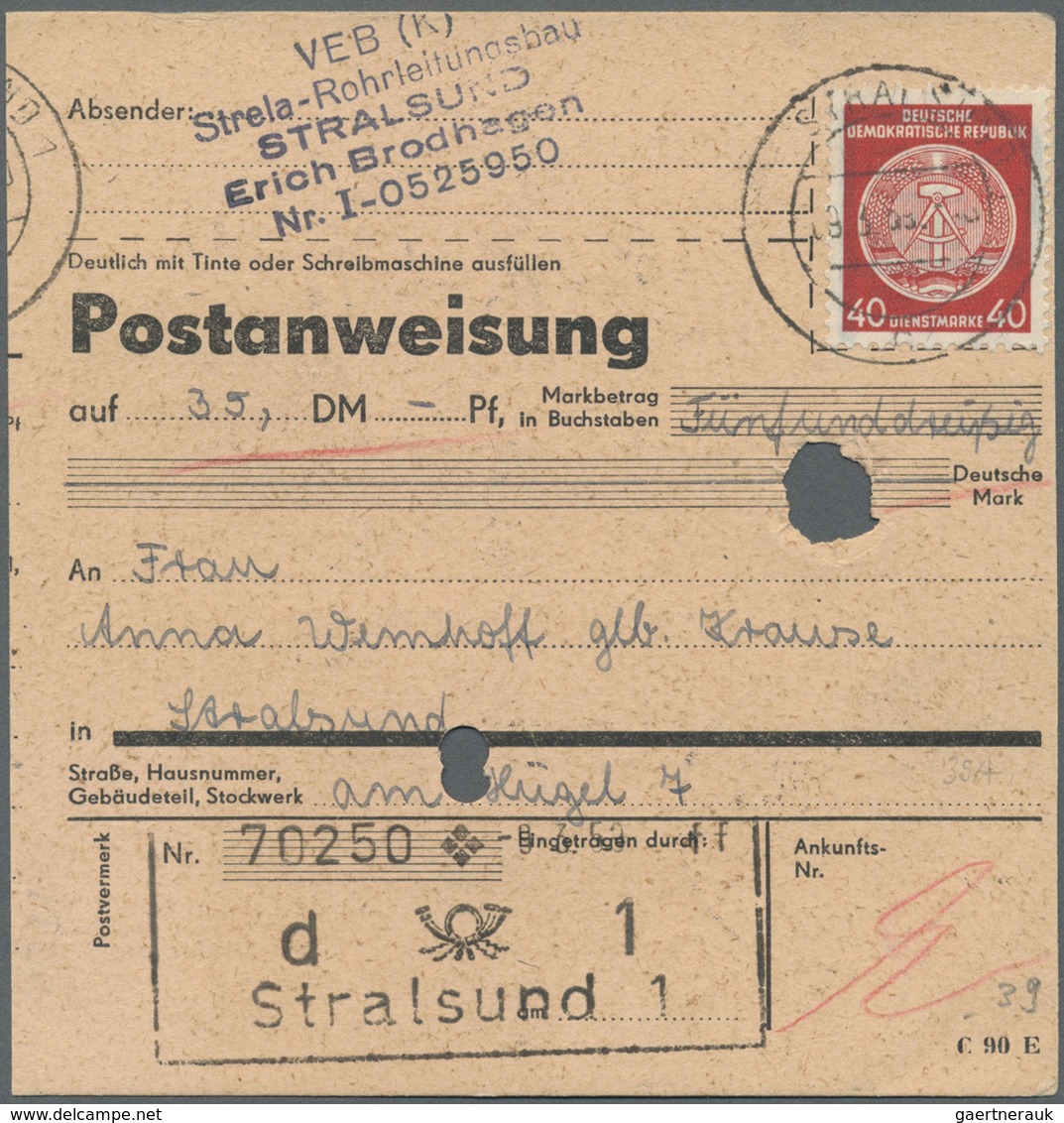 Br DDR - Dienstmarken A (Verwaltungspost B): 1957, 40 Pf Rot, EF Auf Postanweisung über 35 Mark Im Orts - Autres & Non Classés