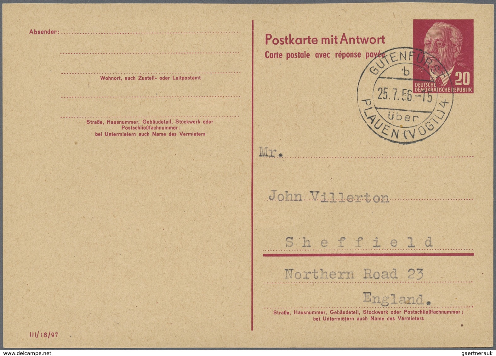 GA DDR - Ganzsachen: 1954, 20 Pfg. Pieck, Frageteil Mit Vordruck Deutsch/franz., Gelaufen Von Gutenfürs - Sonstige & Ohne Zuordnung