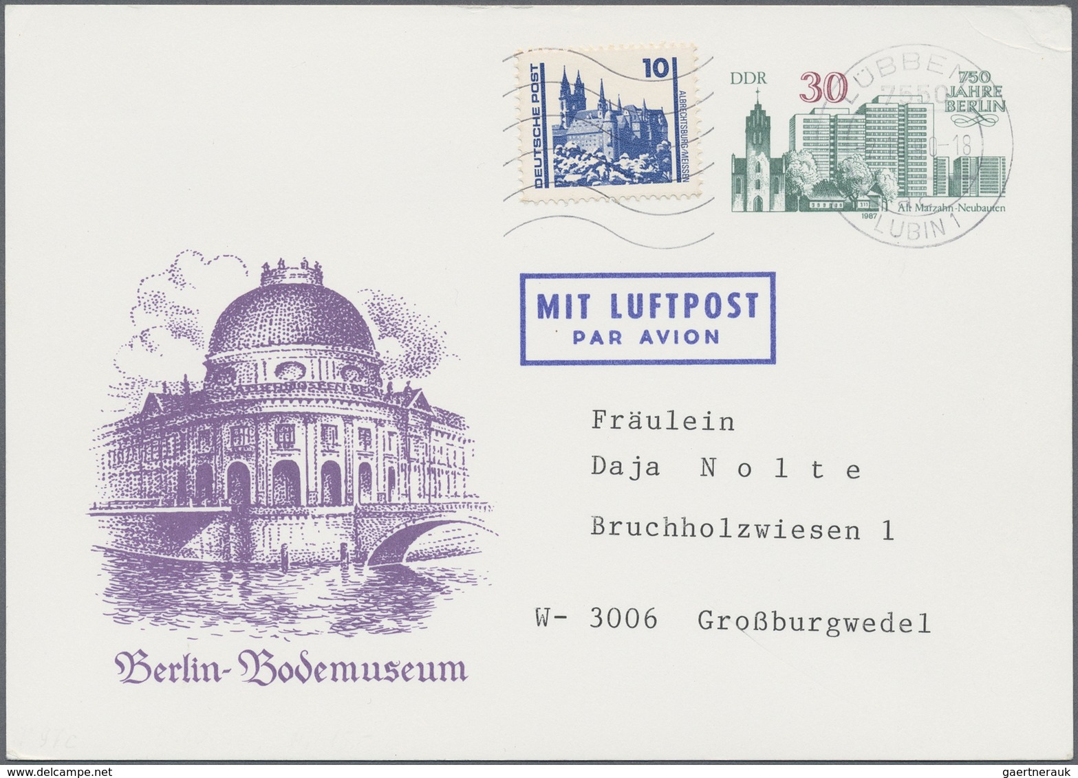 GA DDR - Ganzsachen: 1987, 30 Pfg. GA-Karte Mit Zus.-Frankatur 10 Pfg. Vom 2.10.1990 Ab LÜBBEN Nach W 3 - Altri & Non Classificati