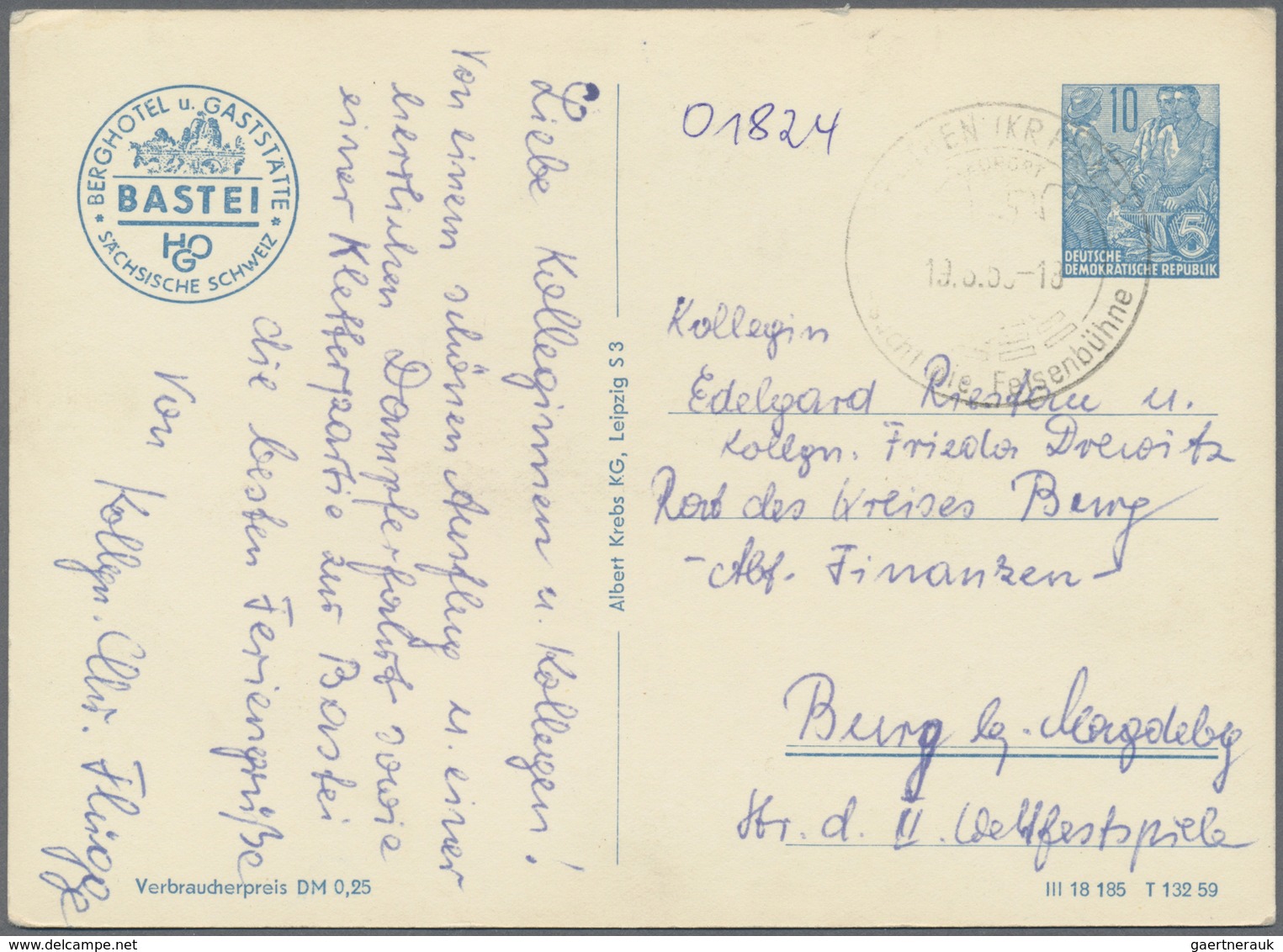 GA DDR - Ganzsachen: 1958, 10 Pfg. Fünfjahresplan Privat-Postkarte "Bastei Säshsische Schweiz" Mit Rück - Sonstige & Ohne Zuordnung