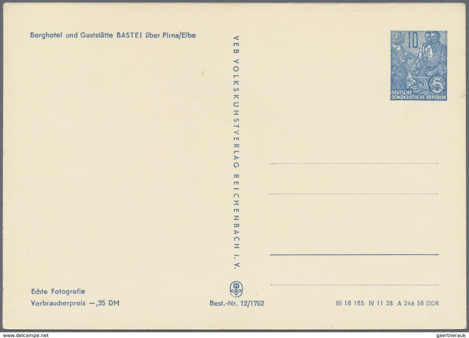 GA DDR - Ganzsachen: 1958, 10 Pfg. Fünfjahresplan Privat-Postkarte, "Berghotel Und Gaststätte BASTEI üb - Sonstige & Ohne Zuordnung