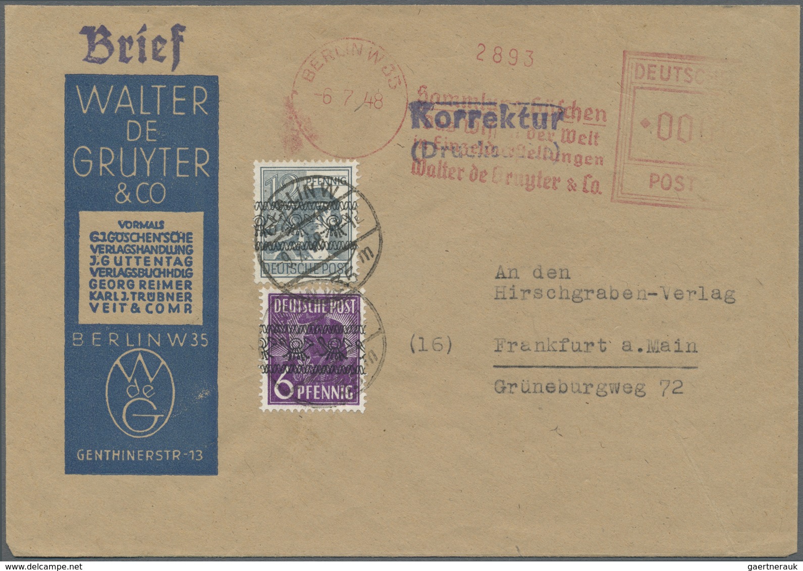 Br Berlin - Vorläufer: 1948: Fernbrief Verlagsbuchhandlung De Gruyter Mit Absenderfreistempel In Neuer - Briefe U. Dokumente