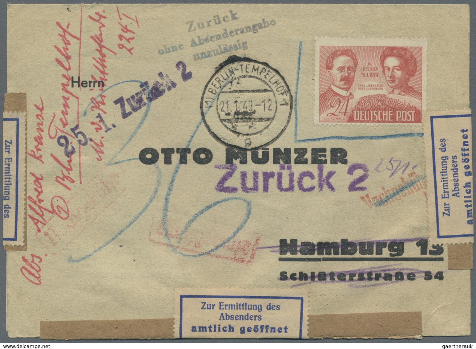 Br Berlin - Vorläufer: 1948, 24 Pfg. Liebknecht/Luxemburg Auf Brief Nach Hamburg, Daher Stempel "BERLIN - Briefe U. Dokumente