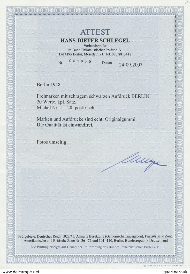 ** Berlin: 1948, 2 Pf. - 5 M. Schwarzaufdruck Komplett Postfrisch, Attest Hans-Dieter Schlegel BPP Mi. - Sonstige & Ohne Zuordnung