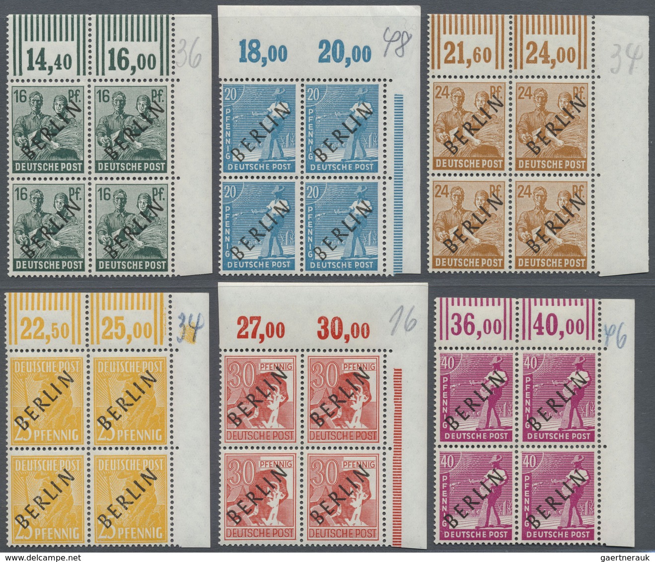 /** Berlin: 1948, Schwarzaufdrucksatz 2 Pfg. Bis 5 Mark, Kpl. Serie Von 20 Werten In Eckrand-Viererblock - Autres & Non Classés