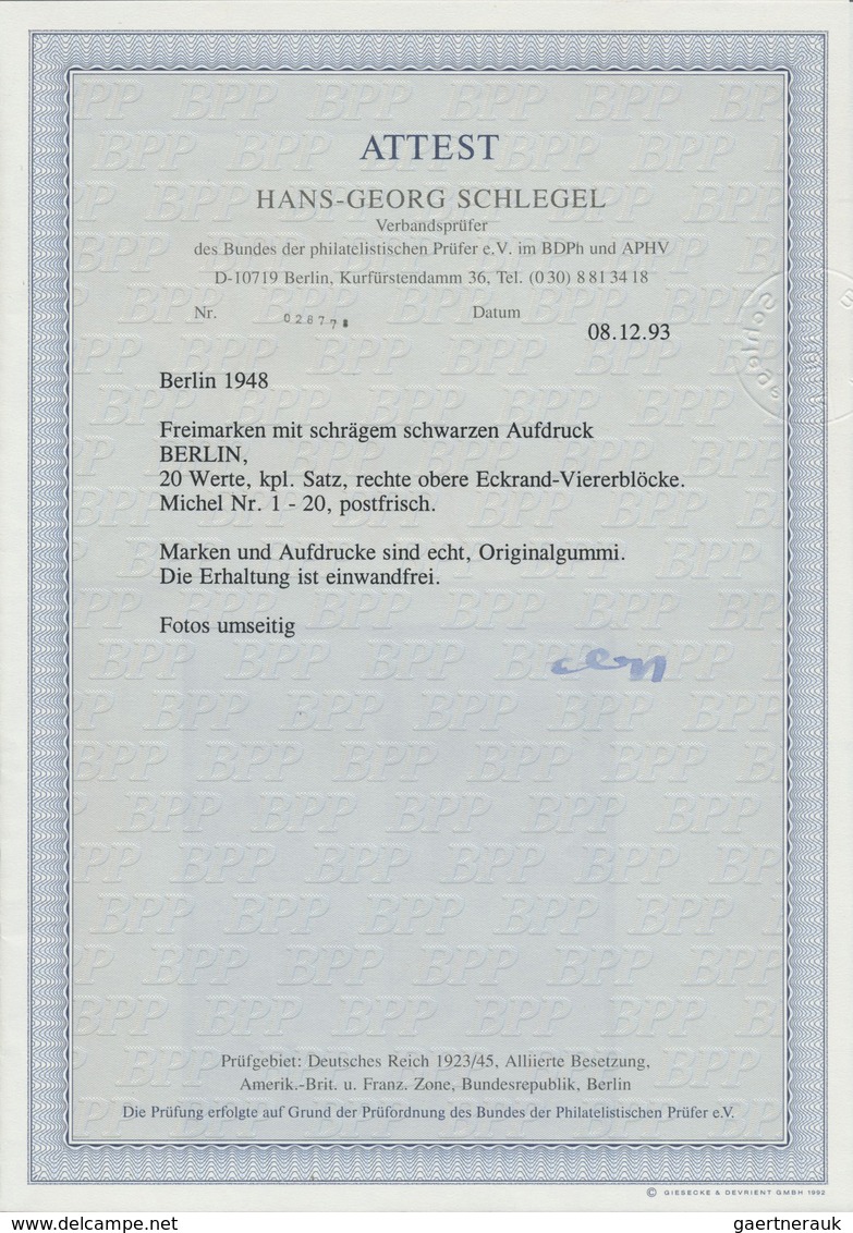 /** Berlin: 1948, Schwarzaufdrucksatz 2 Pfg. bis 5 Mark, kpl. Serie von 20 Werten in Eckrand-Viererblock