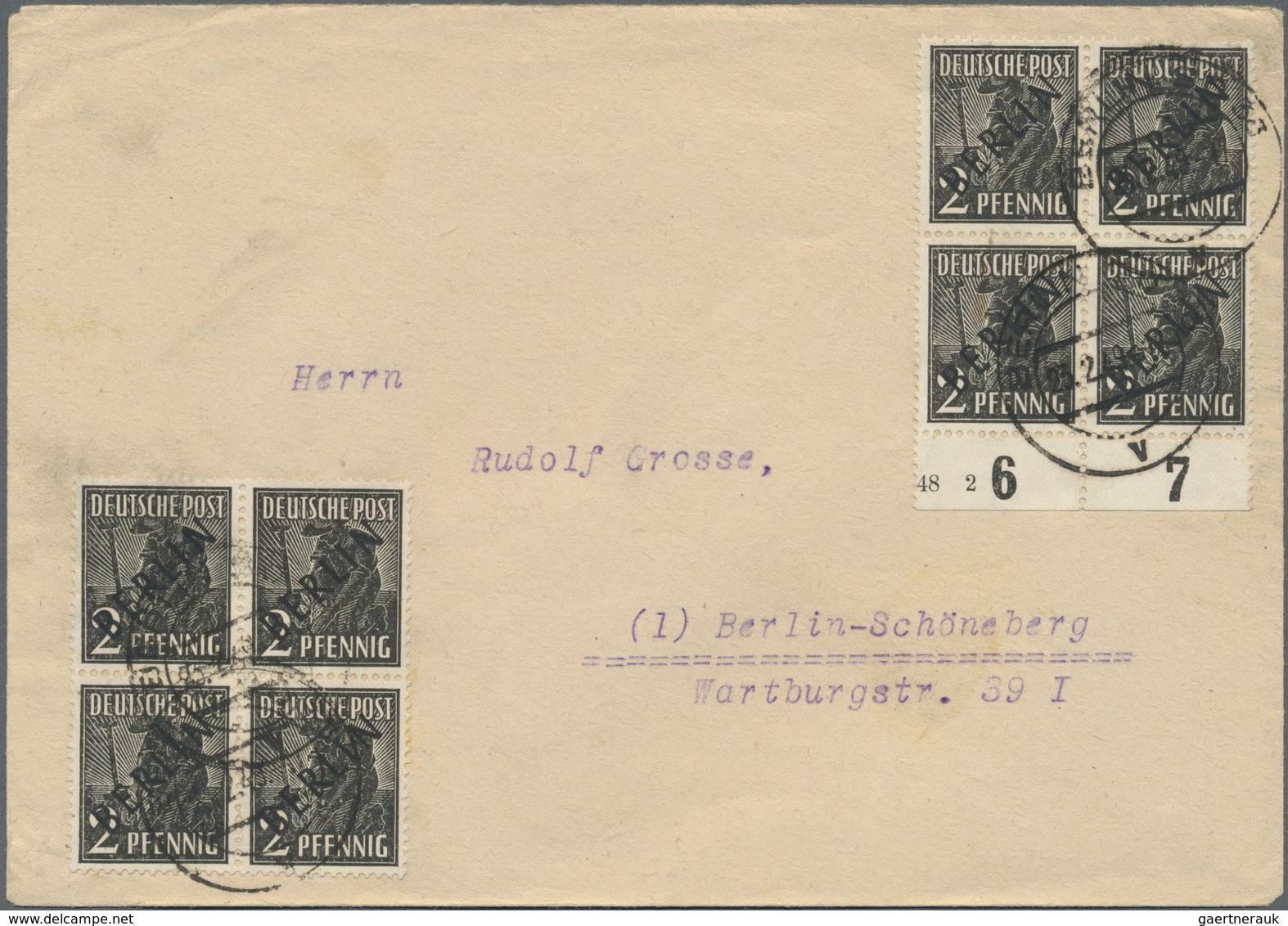 Br Berlin: 1948, 2 Pf Schwarzaufdruck, Zwei 4er-Blocks, Davon Einer Vom Unterrand Mit Teil-HAN Als Port - Altri & Non Classificati
