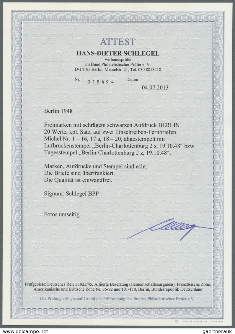 Br Berlin: 1948, 2 Pfg - 5 Mark Schwarzaufdruck Komplett Auf 2 Einschreiben-Fernbriefen, Attest Schlege - Sonstige & Ohne Zuordnung