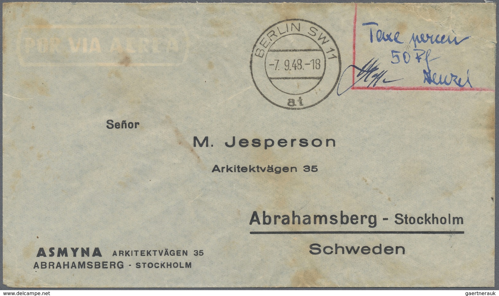 Br Berlin: 1948: Auslandsbrief Mit Vordruckadresse Asmyna/Jesperson Mit Barfreimachung  Handschr.  Ab B - Sonstige & Ohne Zuordnung