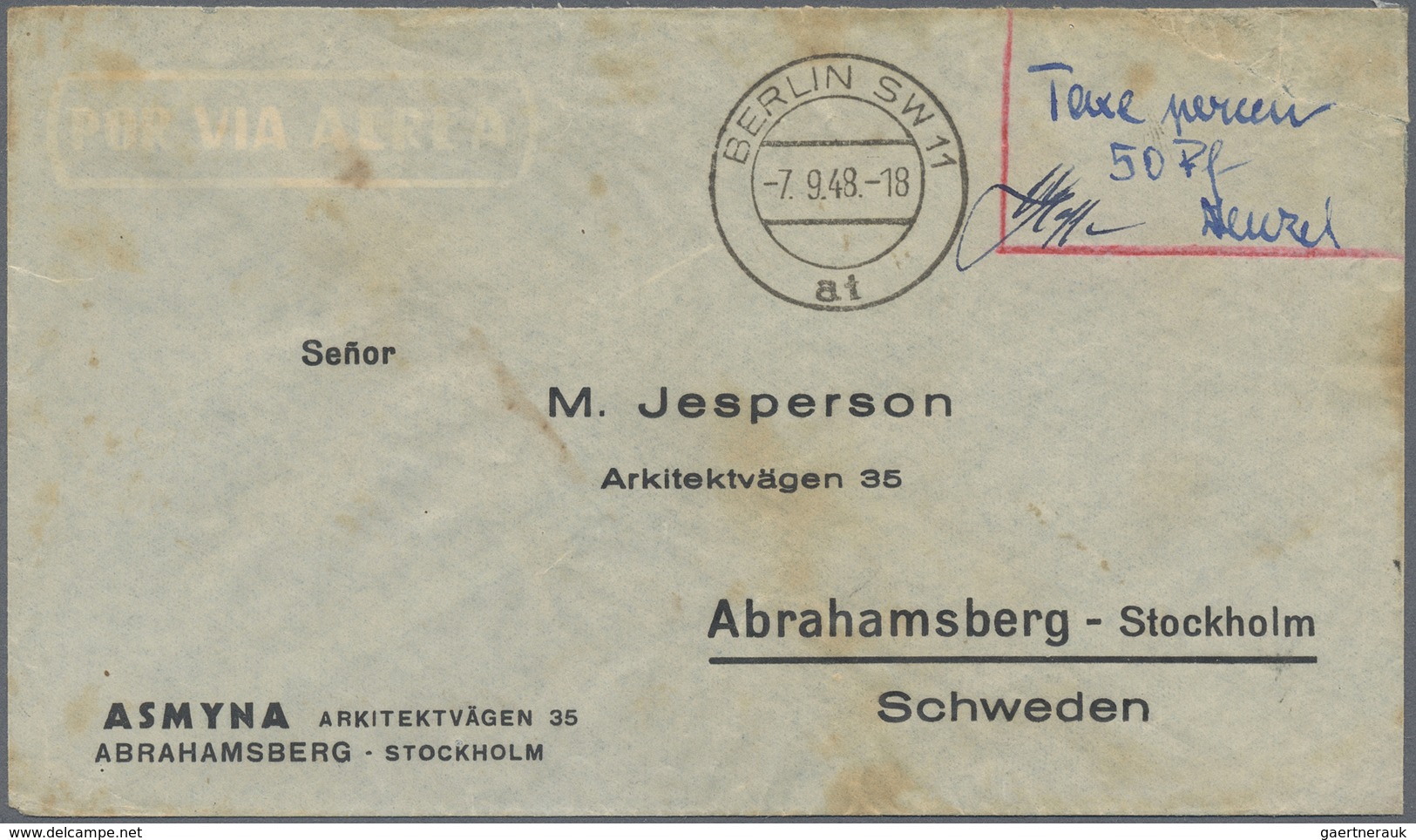 Br Berlin: 1948: Auslandsbrief Mit Vordruckadresse Asmyna/Jesperson Mit Barfreimachung  Handschr.  Ab B - Autres & Non Classés