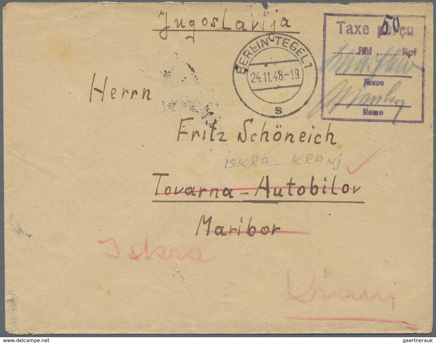 Br Berlin: 1948: Auslandsbrief Mit Barfreimachung Ra. Taxe Percue  RM  Name/Zeuge Ab Berlin-Tegel 1 =s= - Sonstige & Ohne Zuordnung