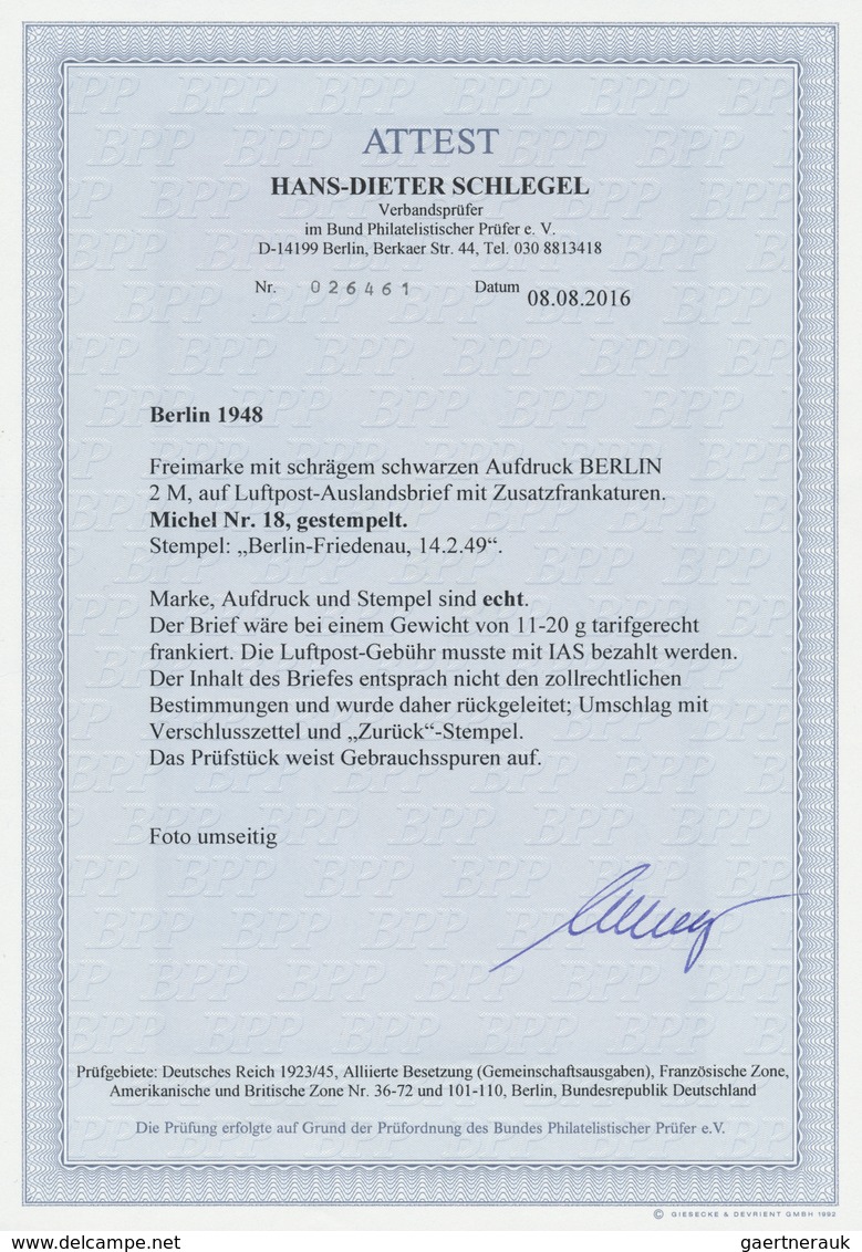 Br Berlin: 1949, Luftpostbrief Mit 2 Mark, 20 Und 30 Pfg. Schwarzaufdruck Ab BERLIN-FRIEDENAU 14.2.49 N - Sonstige & Ohne Zuordnung