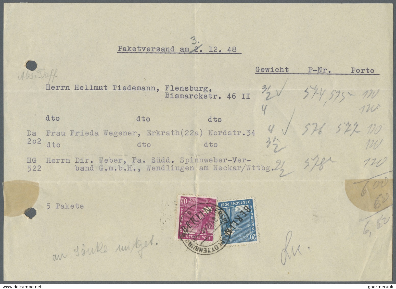 Br Berlin: 1948: Provisorische Einlieferungsbescheinigung über 5 Pakete An 3 Empfänger. Gebühr Je Empfä - Altri & Non Classificati
