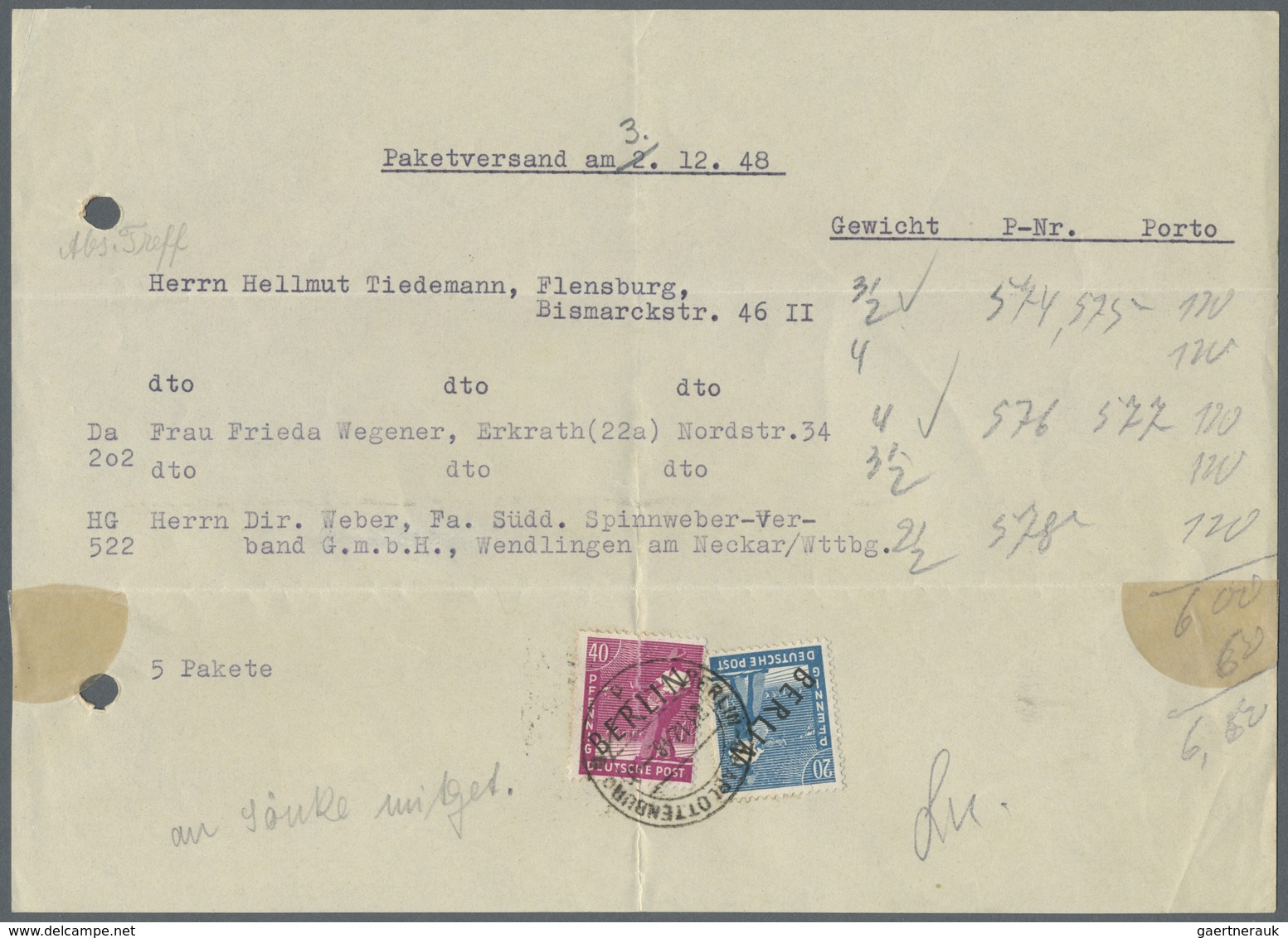 Br Berlin: 1948: Provisorische Einlieferungsbescheinigung über 5 Pakete An 3 Empfänger. Gebühr Je Empfä - Autres & Non Classés