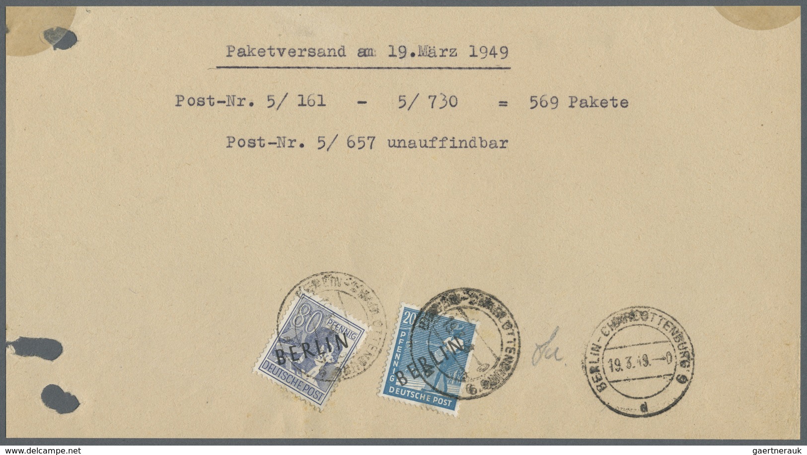 Br Berlin: 1949: Provisorische Einlieferungsbescheinigung über 569 Pakete – Dir Höchste Bekannte Anzahl - Sonstige & Ohne Zuordnung