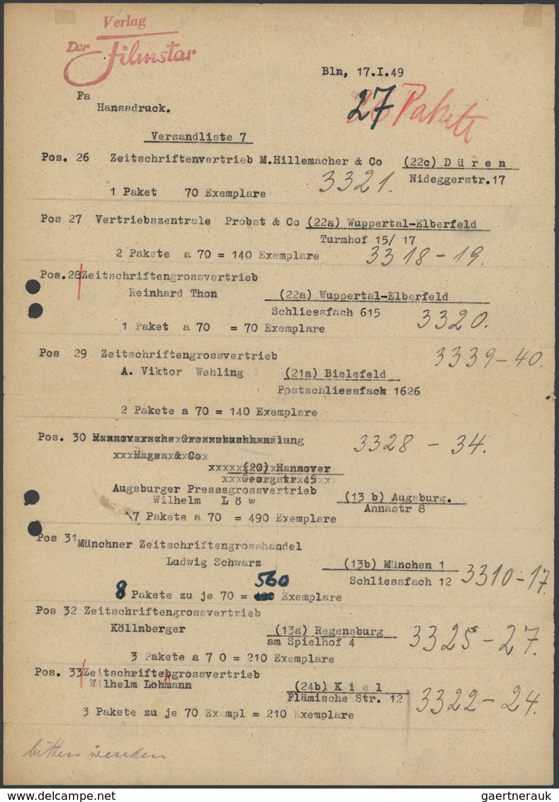 Br Berlin: 1949: Provisorische Einlieferungsliste über Paketversand, Beidseitig Für 13 Empfänger In Der - Sonstige & Ohne Zuordnung