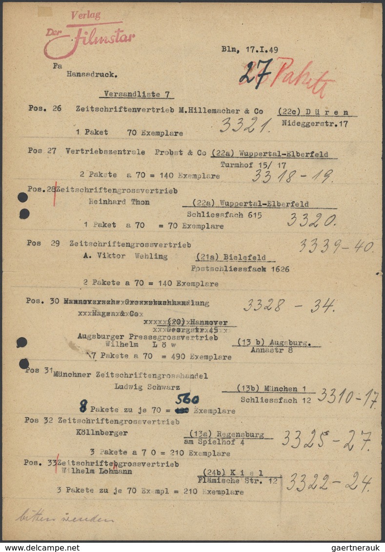 Br Berlin: 1949: Provisorische Einlieferungsliste über Paketversand, Beidseitig Für 13 Empfänger In Der - Autres & Non Classés