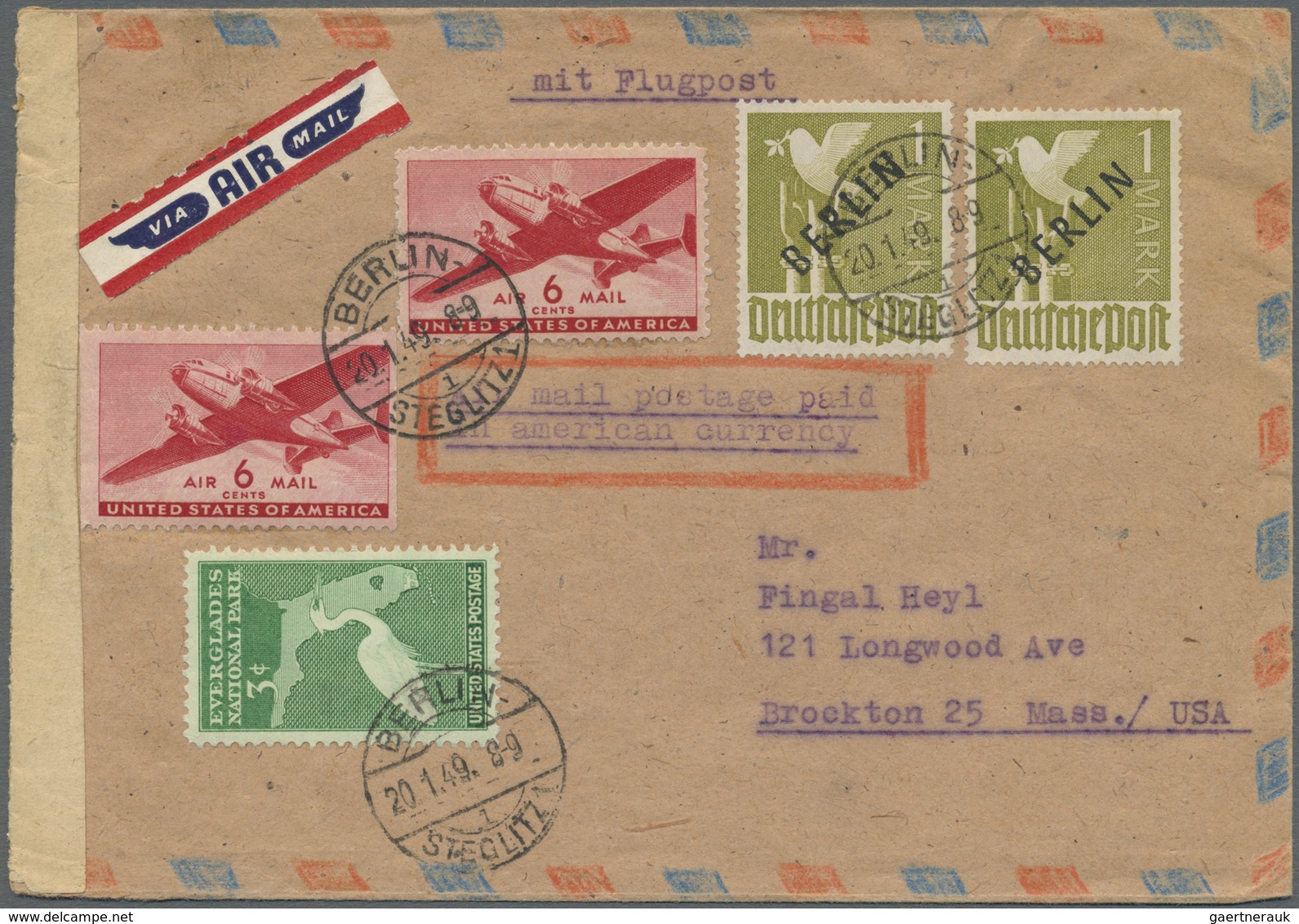 Br Berlin: 1949: LUFTPOSTBRIEF Mit 2 X 1.- DM Schwarzaufdruck, Dazu US-Marken 3 Cent, 2 X 6 Cent Ab Ber - Altri & Non Classificati