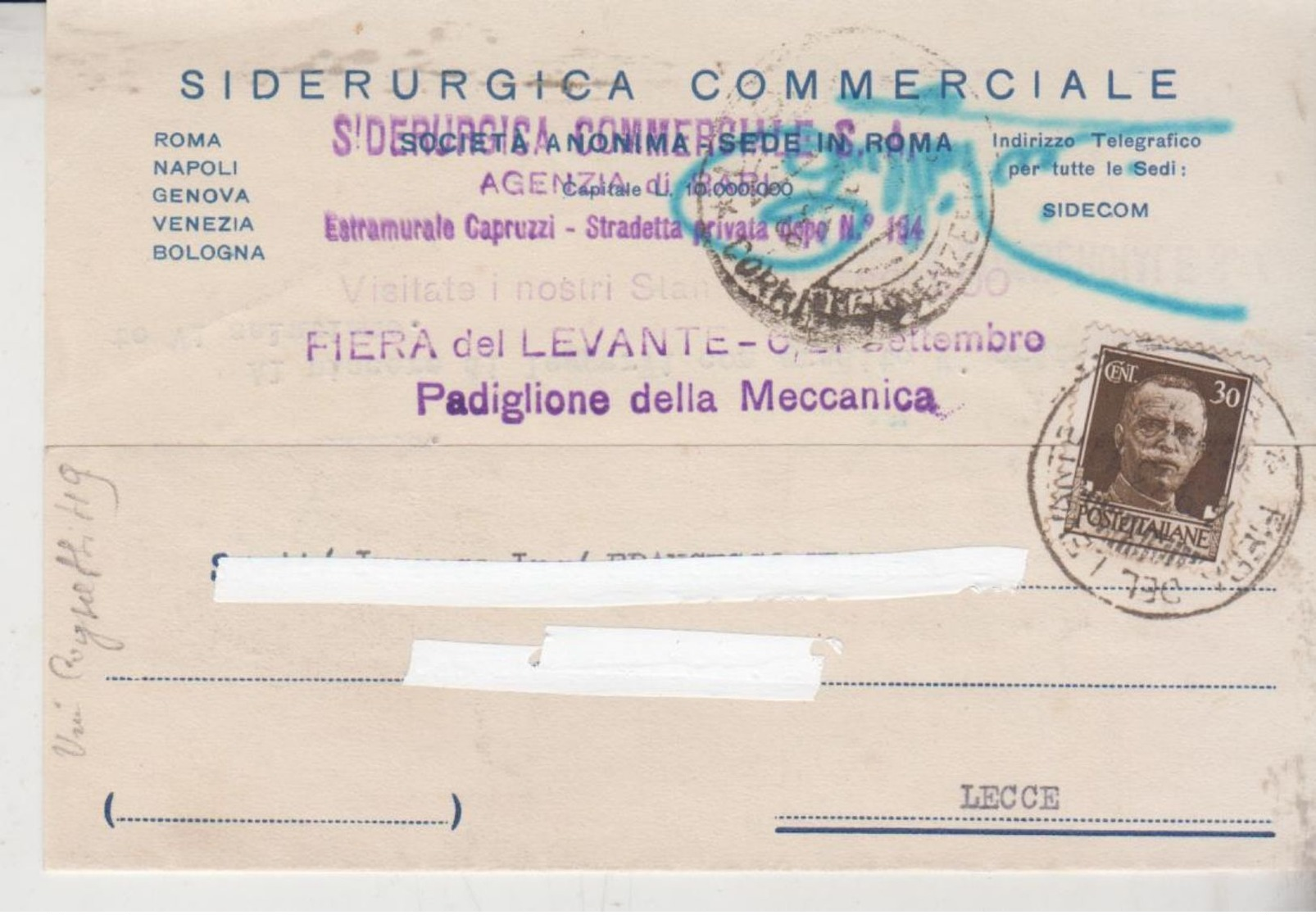 STORIA POSTALE REGNO 1933 BARI  ANNULLO FIERA DEL LEVANTE SIDERGICA COMMERCIALE  GT - Marcophilia