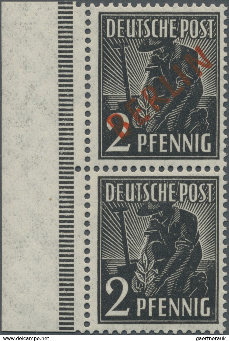 ** Berlin: 1949, 2 Pfg Rotaufdruck Im Senkr. Randpaar Mit Und Ohne Aufdruck Postfrisch, Mi 750.- - Autres & Non Classés
