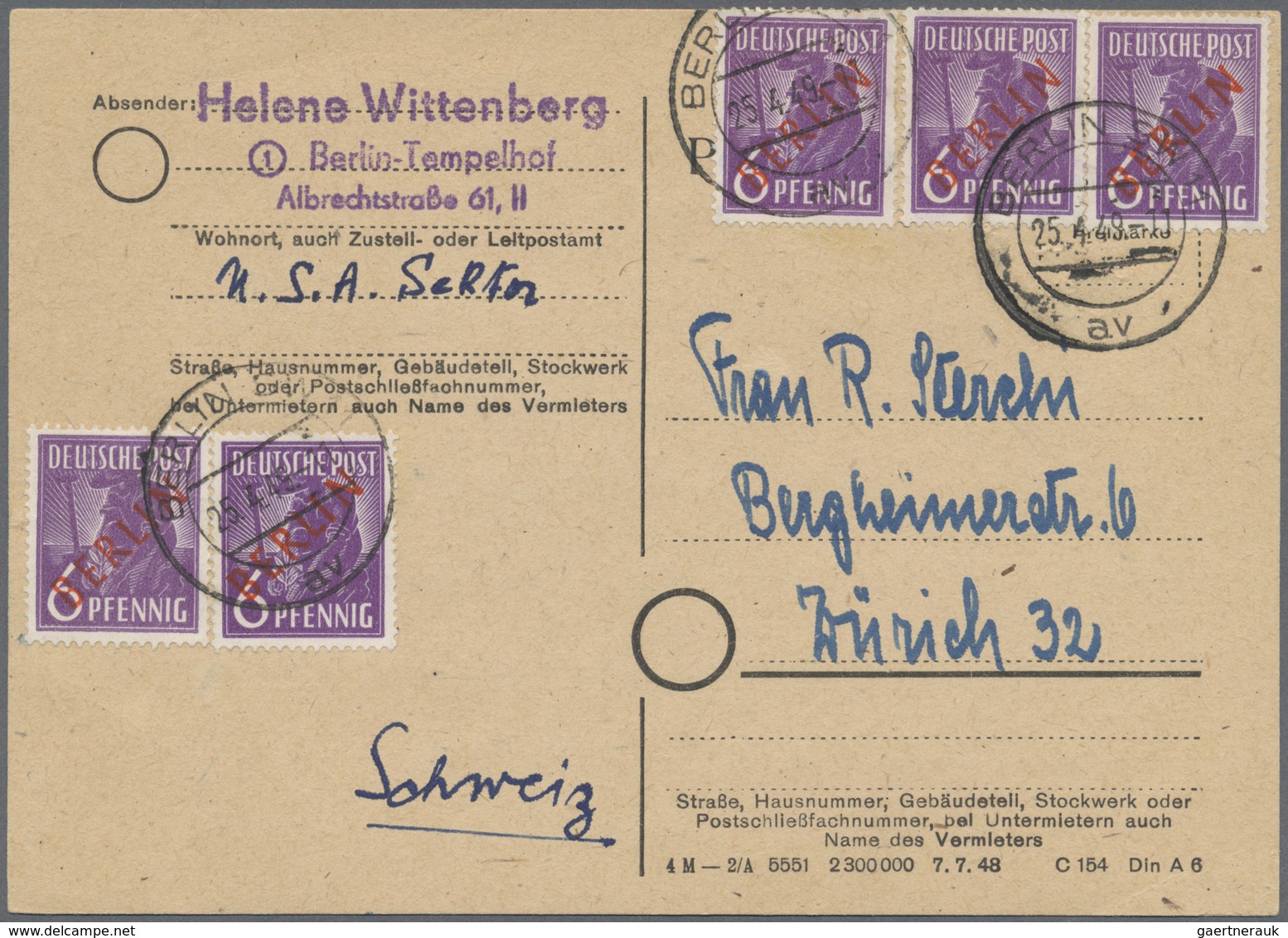 Br Berlin: 1949, 5 X 6 Pf Rotaufdruck, Portogerechte MeF Auf Auslands-Postkarte Von Berlin SW11, 25.4.4 - Sonstige & Ohne Zuordnung