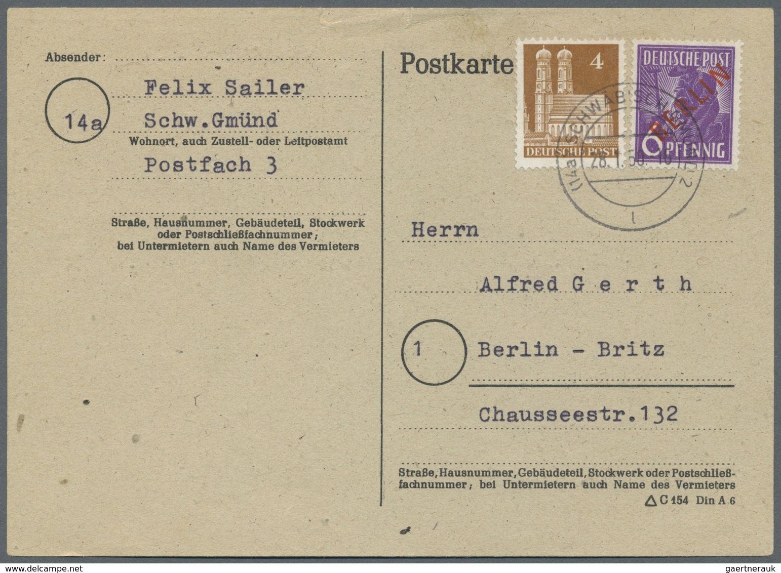 Br Berlin: 1950: Fernkarte Im Tarif II  10 Pf. Mit 6 Pf. Rotaufdruck Und 4 Pf. Bizone Bauten Eg Ab Schw - Autres & Non Classés