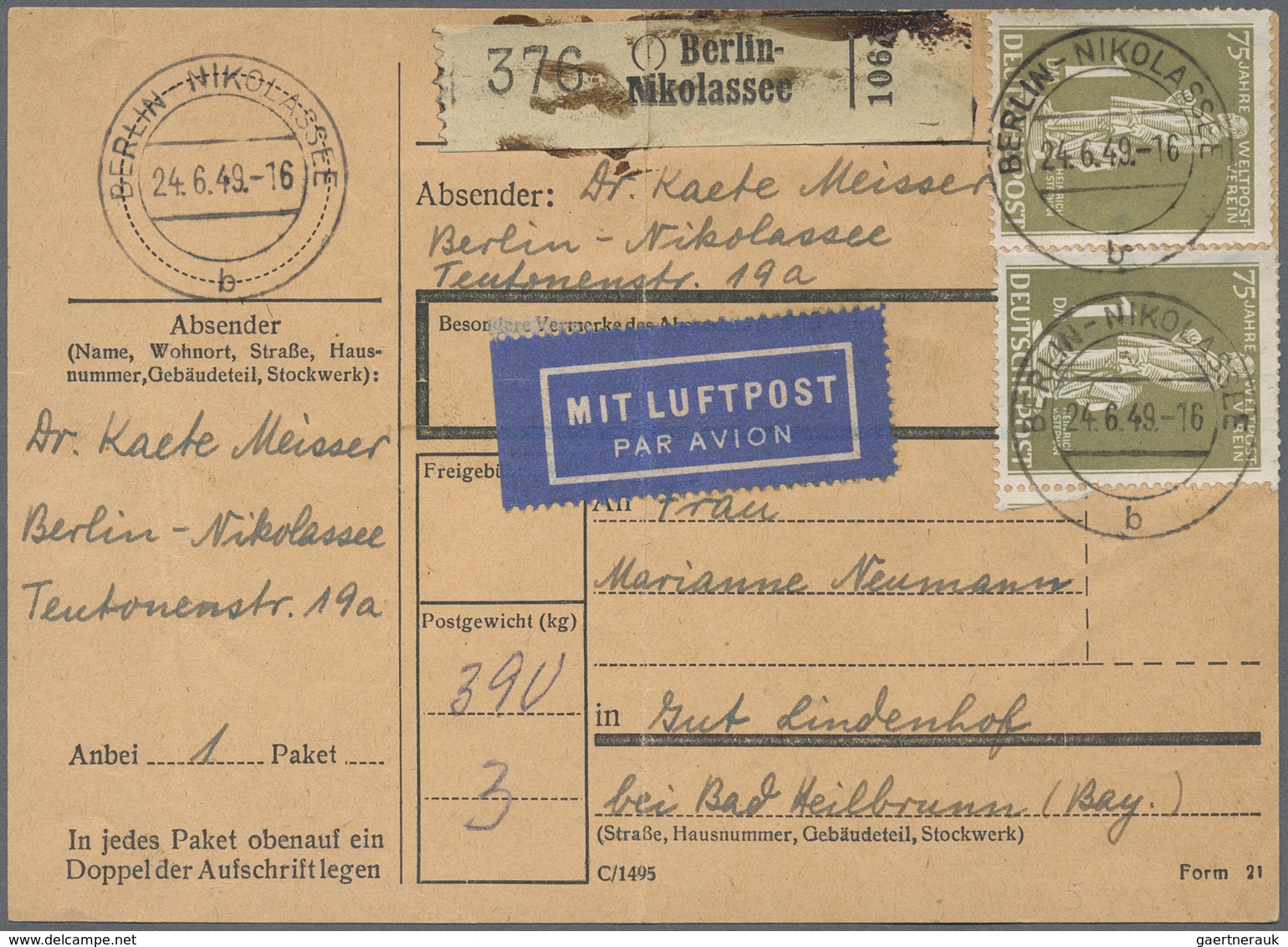 Br Berlin: 1949: Paketkarte Inland 3 Kg. Mit LUFTPOST, Zuschlag Je 500 G 50 Pf. – Kg. 1.- DM. Gebühr DM - Altri & Non Classificati