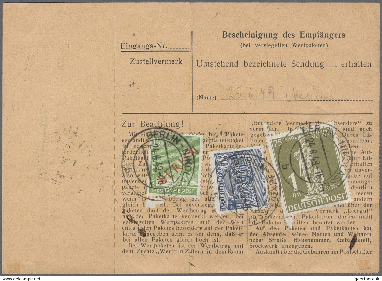 Br Berlin: 1949: Paketkarte Inland 3 Kg. Mit LUFTPOST, Zuschlag Je 500 G 50 Pf. – Kg. 1.- DM. Gebühr DM - Sonstige & Ohne Zuordnung