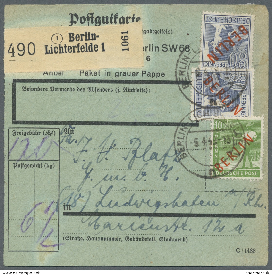 Br Berlin: 1949: Paketkarte über 6 ½ Kg – DM 1,70 Mit 10 Pf. Und 2 X 80 Pf. Rotaufdruck Ab Berlin-Licht - Altri & Non Classificati