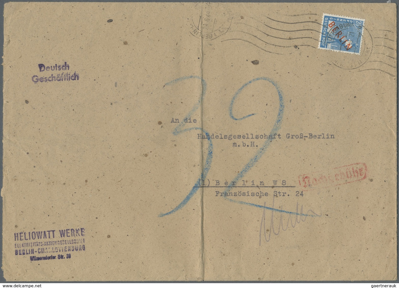 Br Berlin: 1949: Umschlag Ca. 23 X 16,4 Cm Als Orts-Doppelbrief Tarif II  20 Pf. Mit 20 Pf. Rotaufdruck - Autres & Non Classés