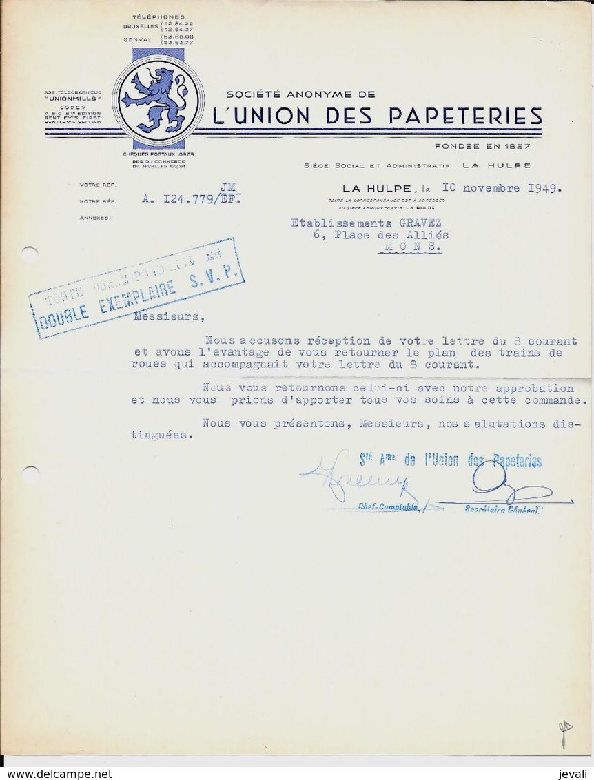 LA HULPE  S.A. L'union Des Papeteries - Imprimerie & Papeterie