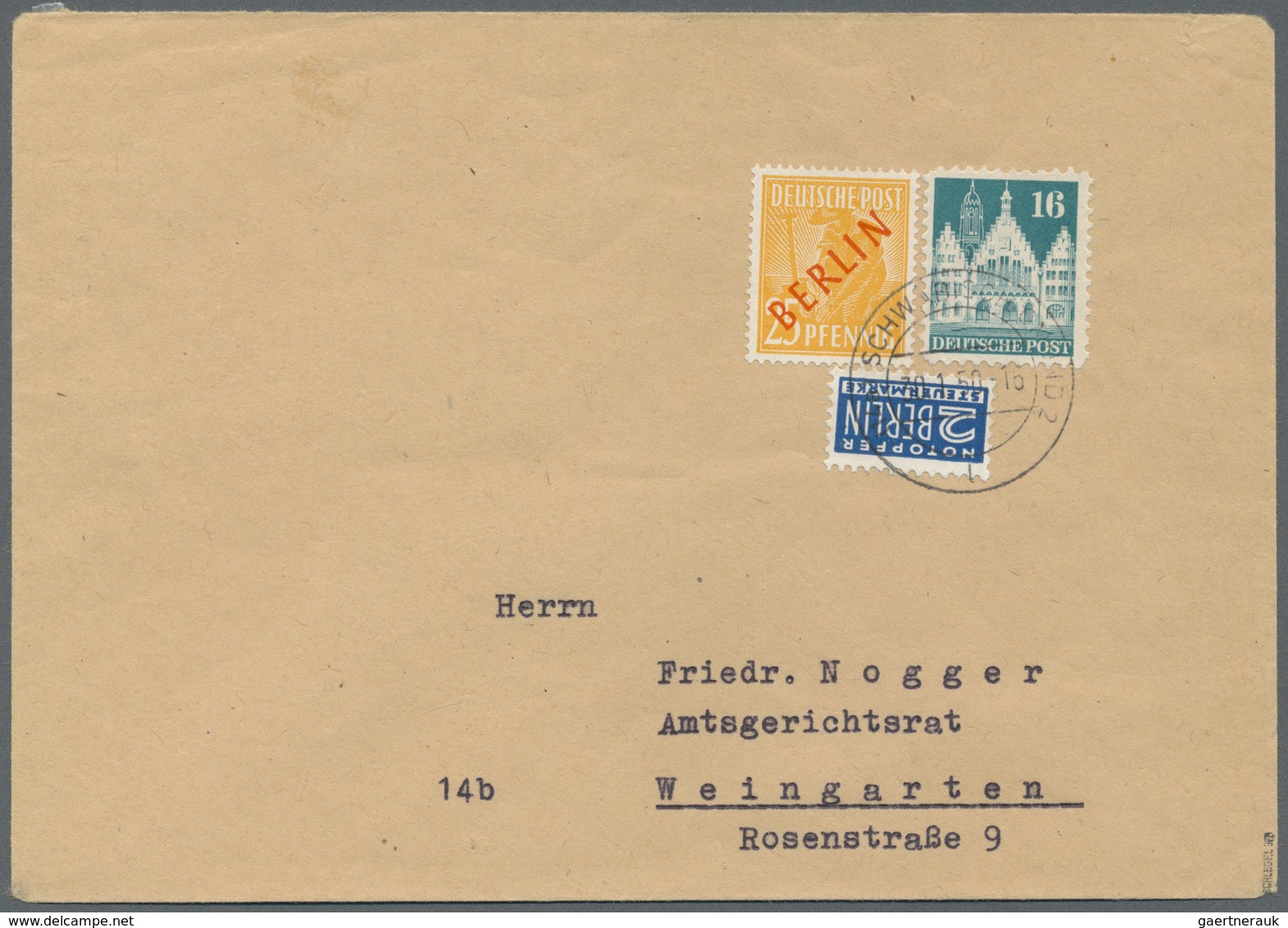 Br Berlin: 1950: Fernbrief über 20g  40 Pf. Mit 25 Pf. Rotaufdruck Und 16 Pf. Bizone Bauten, Dazu Notop - Autres & Non Classés
