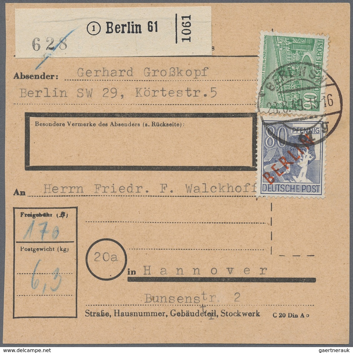 Br Berlin: 1949: Paketkarte über 6,3 Kg – DM 1,70 Mit 80 Pf. Rotaufdruck, 90 Pf. Bauten I Ab Berlin SW - Autres & Non Classés