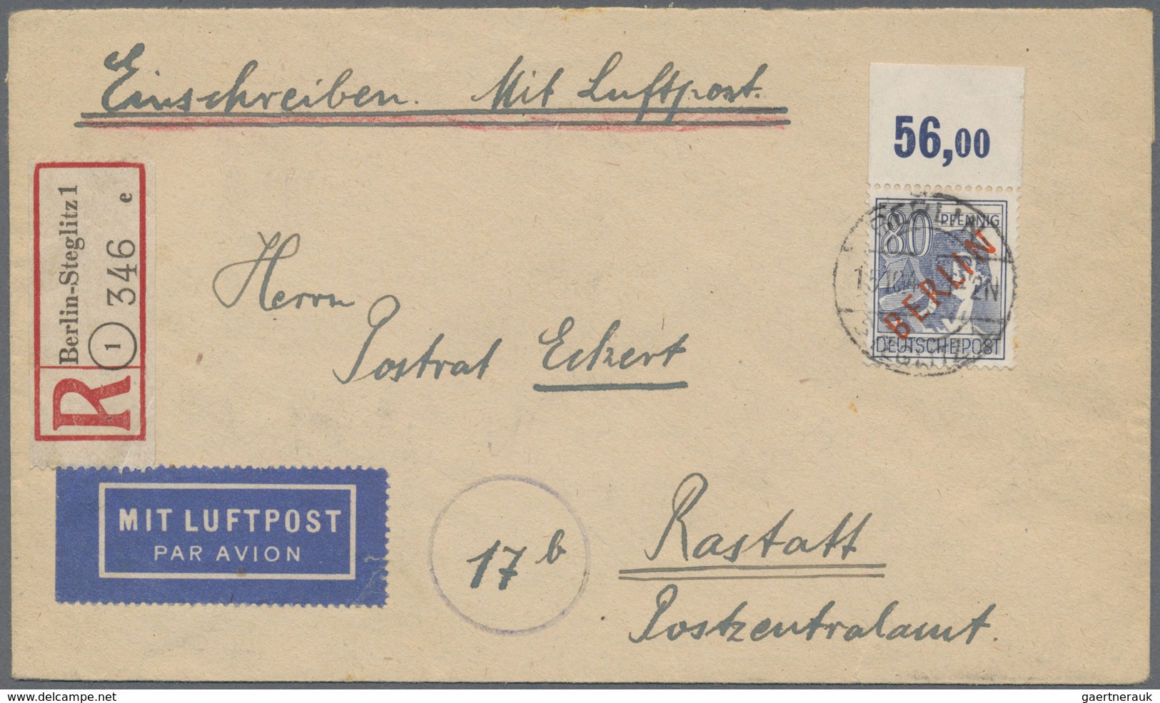 Br Berlin: 1949, 80 Pf Rotaufdruck, Oberrandstück Im Plattendruck Als Einzelfrankatur Auf Luftpost-Eins - Altri & Non Classificati