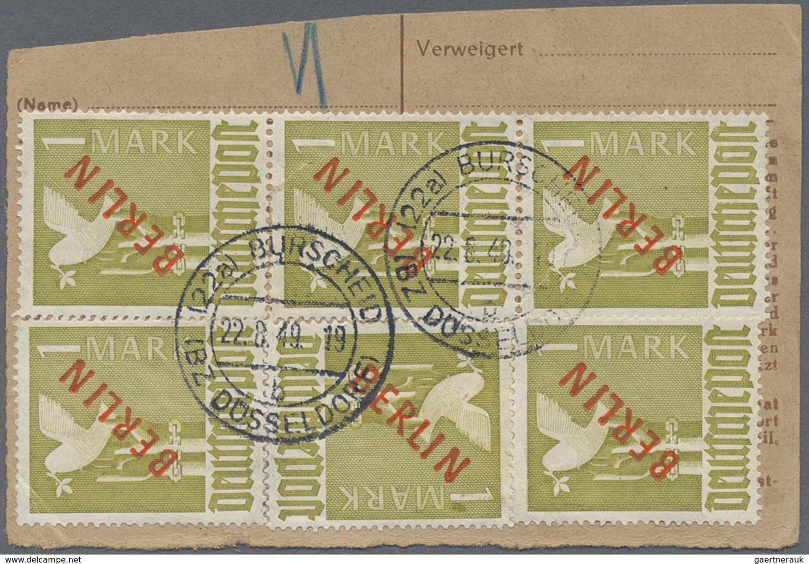 Brfst Berlin: 1949: Halbierte NACHNAHME-PAKETKARTE Mit Gebühr 7,20 DM – Dafür 20 Pf. Und 7 X 1.- DM ROTAUF - Autres & Non Classés