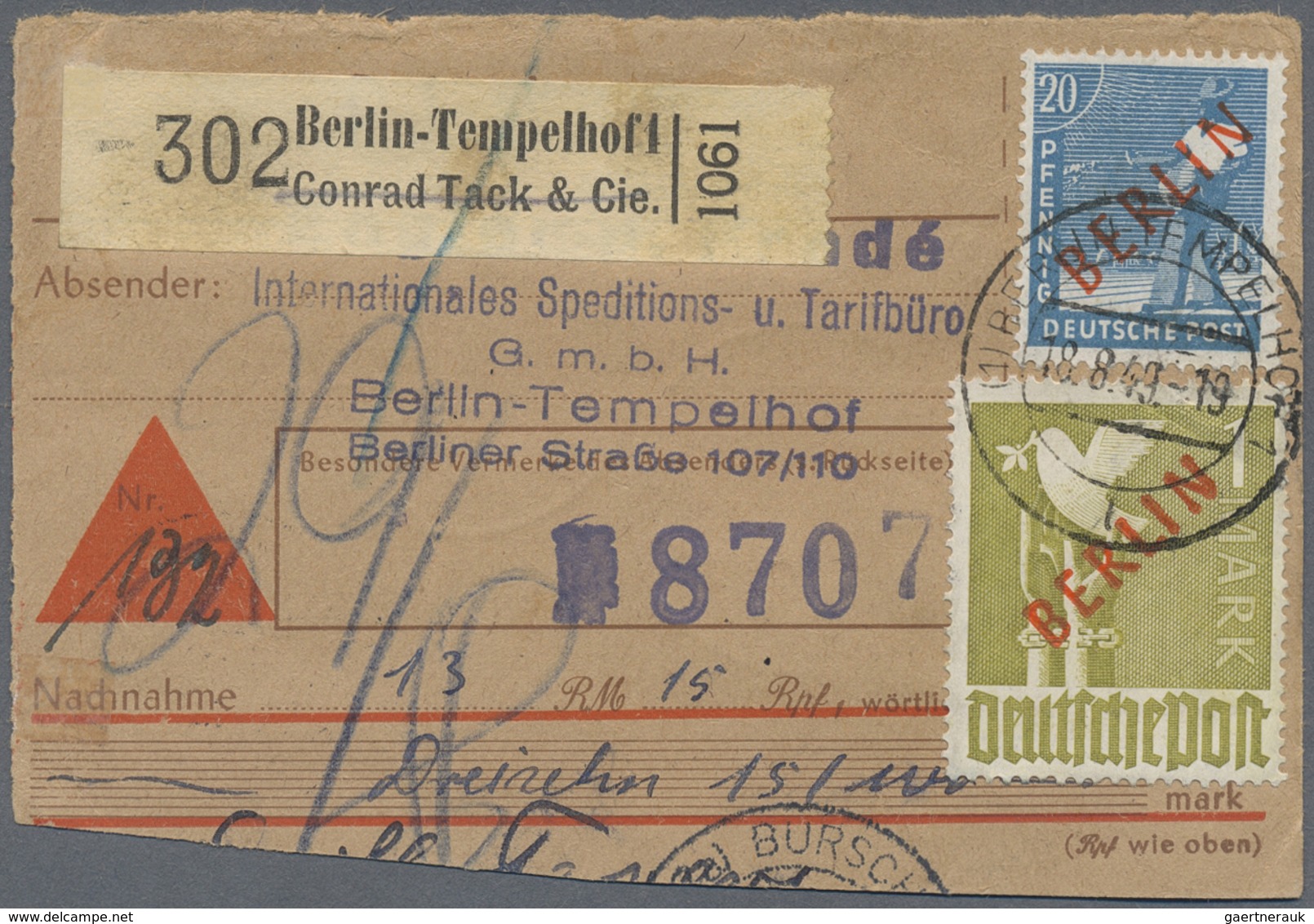 Brfst Berlin: 1949: Halbierte NACHNAHME-PAKETKARTE Mit Gebühr 7,20 DM – Dafür 20 Pf. Und 7 X 1.- DM ROTAUF - Autres & Non Classés