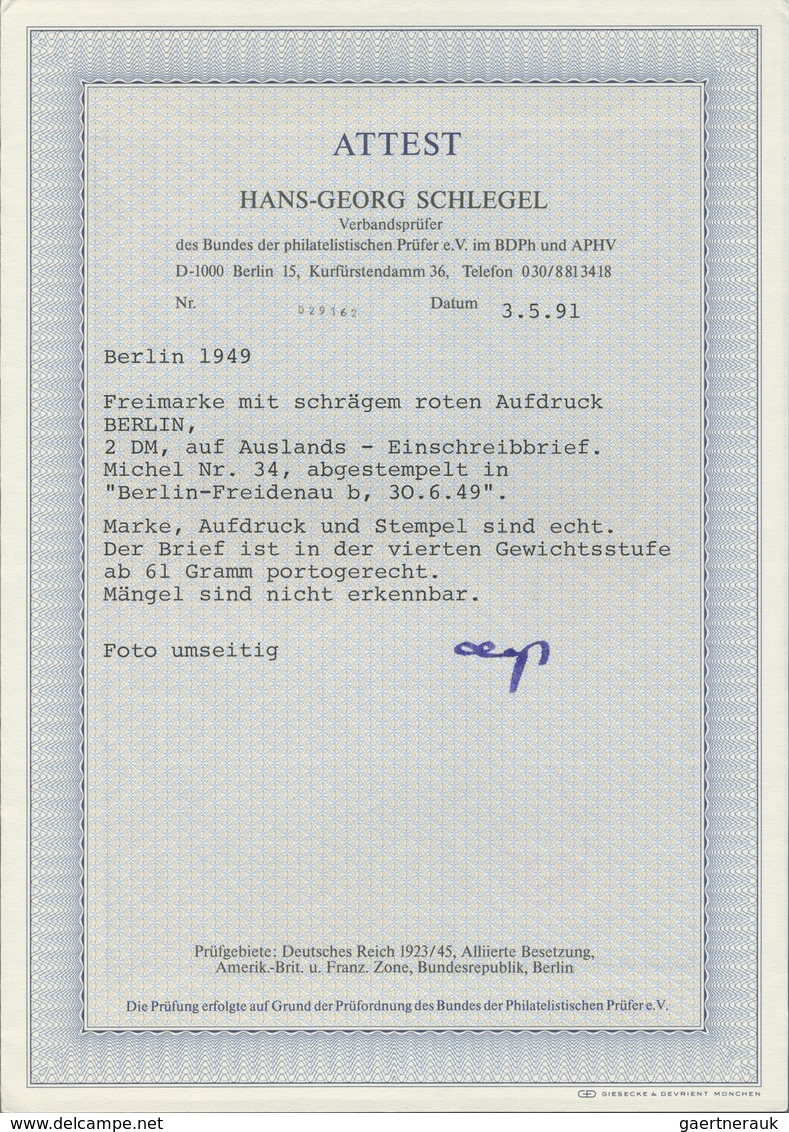 Br Berlin: 1949: Auslandsbrief über 60g  140 Pf. Mit Einschreiben 60 Pf. Im Tarif I Mit 2.- DM ROTAUFDR - Autres & Non Classés