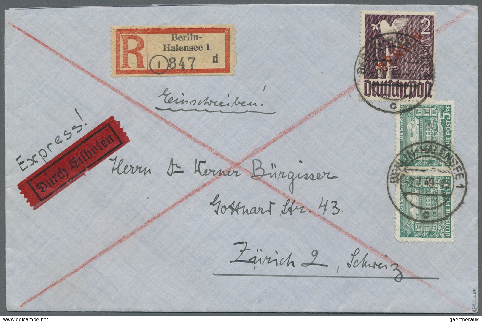 Br Berlin: 1949: Auslandsbrief Einschreiben Und Eilzustellung ( 50 + 60 R + 100 Eil ) Mit 2.- DM Rotauf - Autres & Non Classés