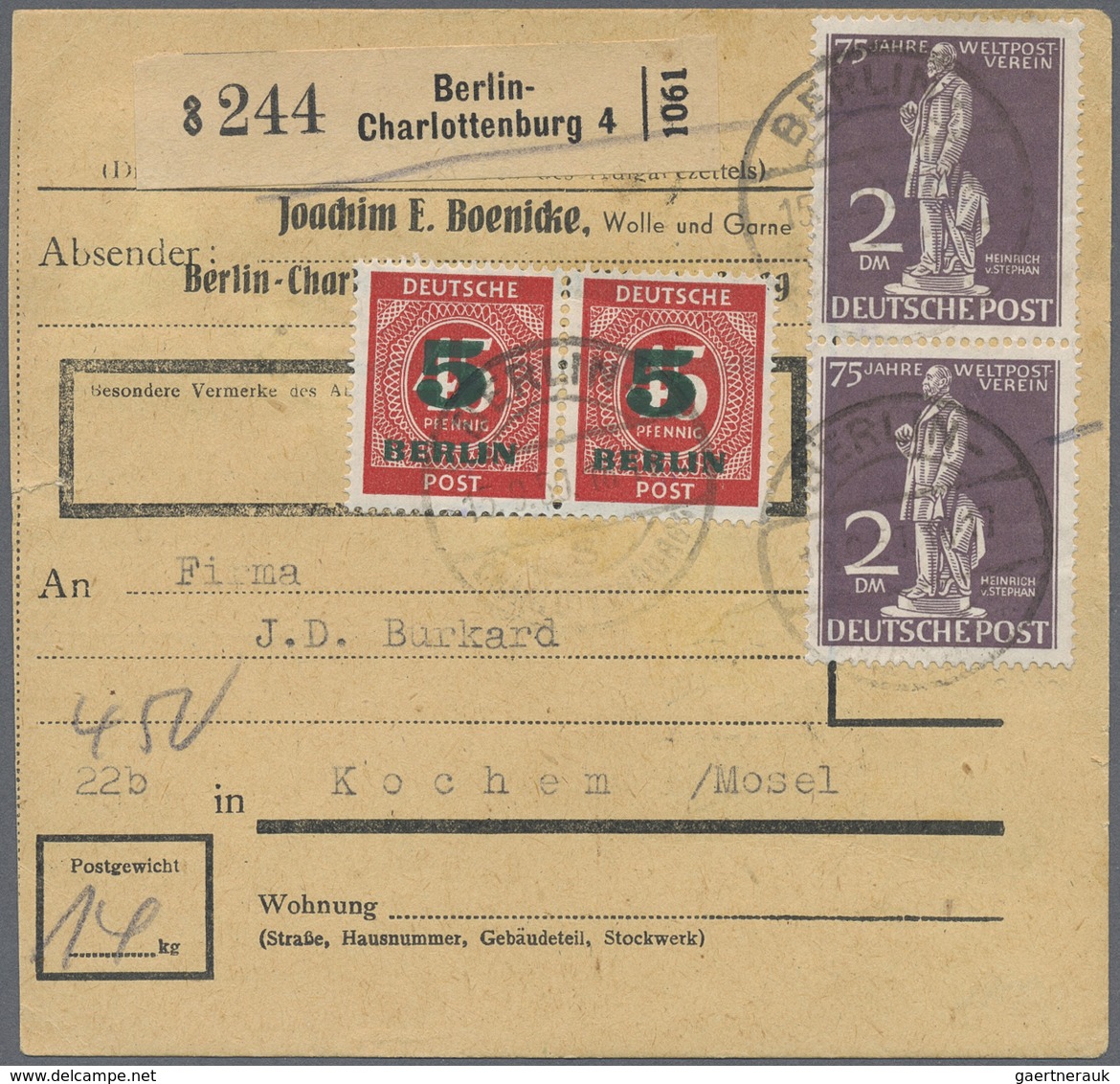 Br Berlin: 1950: Paketkarte Inland über 14 Kg. – Gebühr DM 4,50 Mit 2 X 2.- DM Stephan Und 10 X 5 Pf. G - Altri & Non Classificati