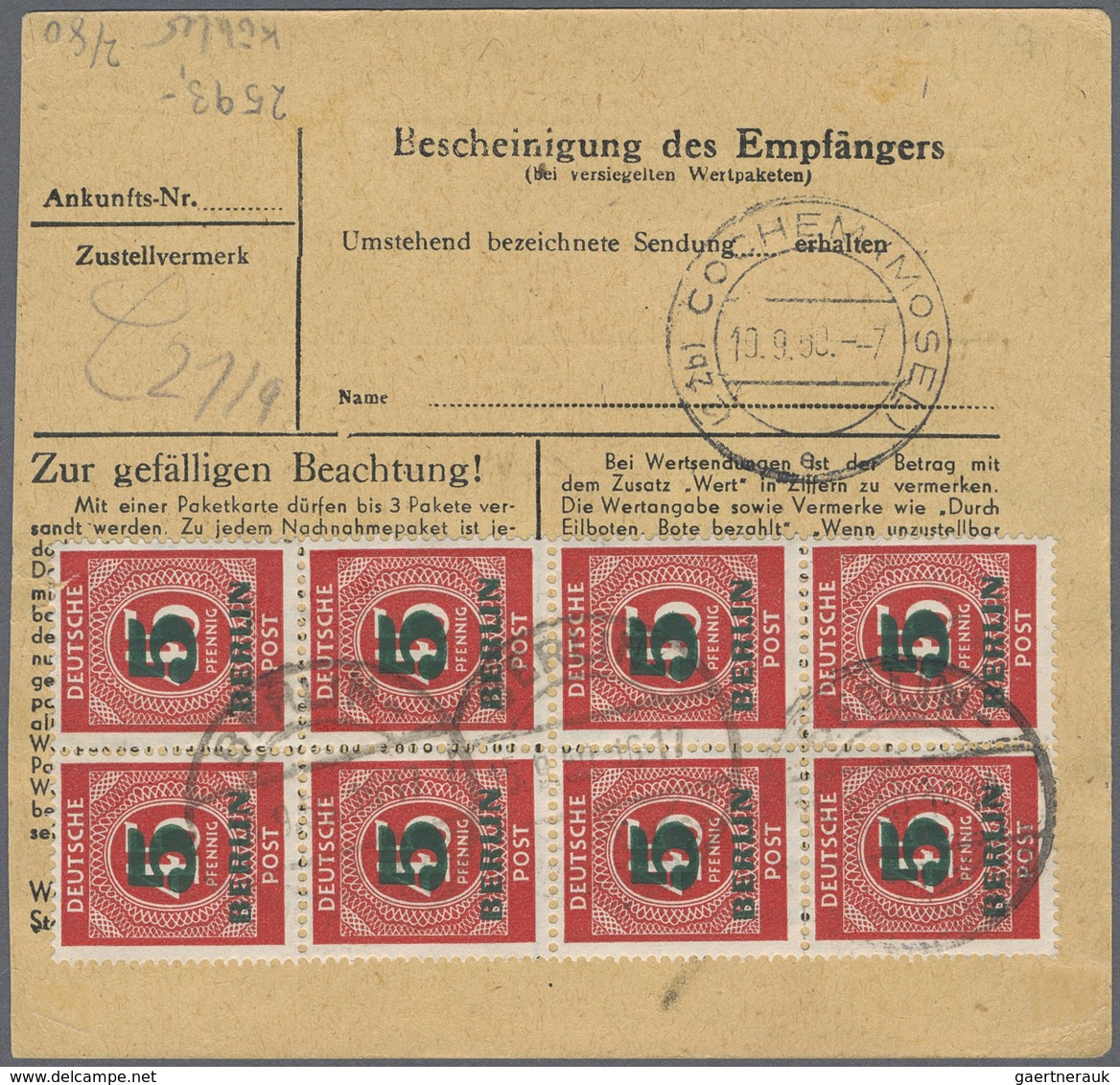 Br Berlin: 1950: Paketkarte Inland über 14 Kg. – Gebühr DM 4,50 Mit 2 X 2.- DM Stephan Und 10 X 5 Pf. G - Autres & Non Classés