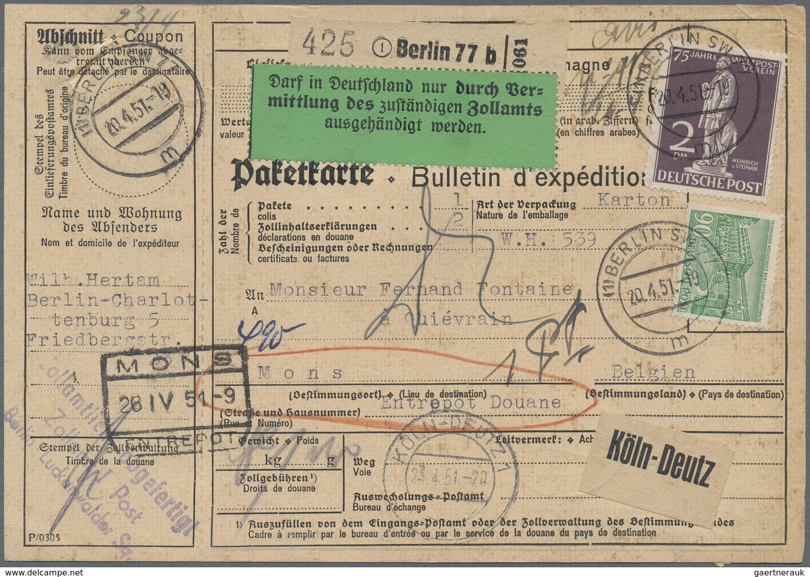 Br Berlin: 1951: Auslandspaketkarte, Kleines Format Mit Gebühr 4,90 DM – VS 2.- DM Stephan, 90 Pf. Baut - Autres & Non Classés