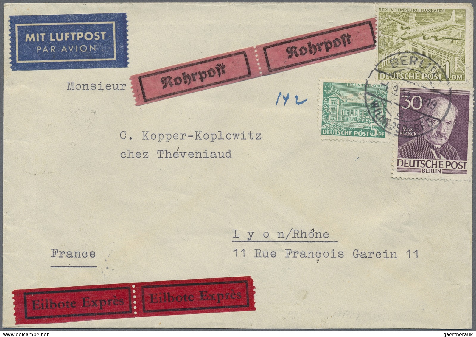 Br Berlin: 1954: Auslandsbrief Rohrpost, Luftpost Und Eilzustellung Tarif III  ( 40 + 20 RP, 15 LP, 60 - Sonstige & Ohne Zuordnung
