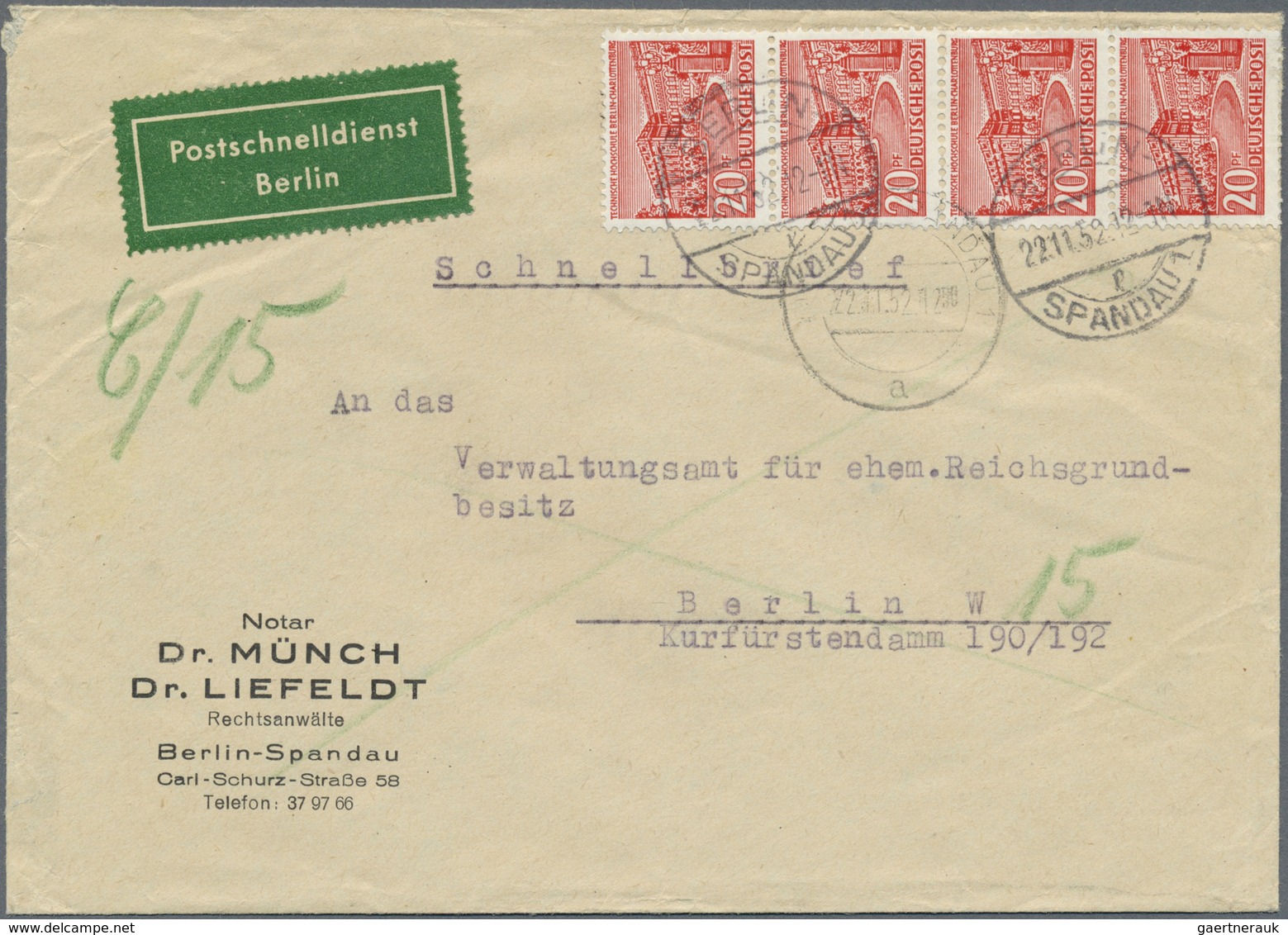 Br Berlin: 1949, 20 Pf Rot Bauten, 2 Postschnelldienstbriefe: Dabei Senkr. 4er-Streifen Auf Brief Von B - Sonstige & Ohne Zuordnung