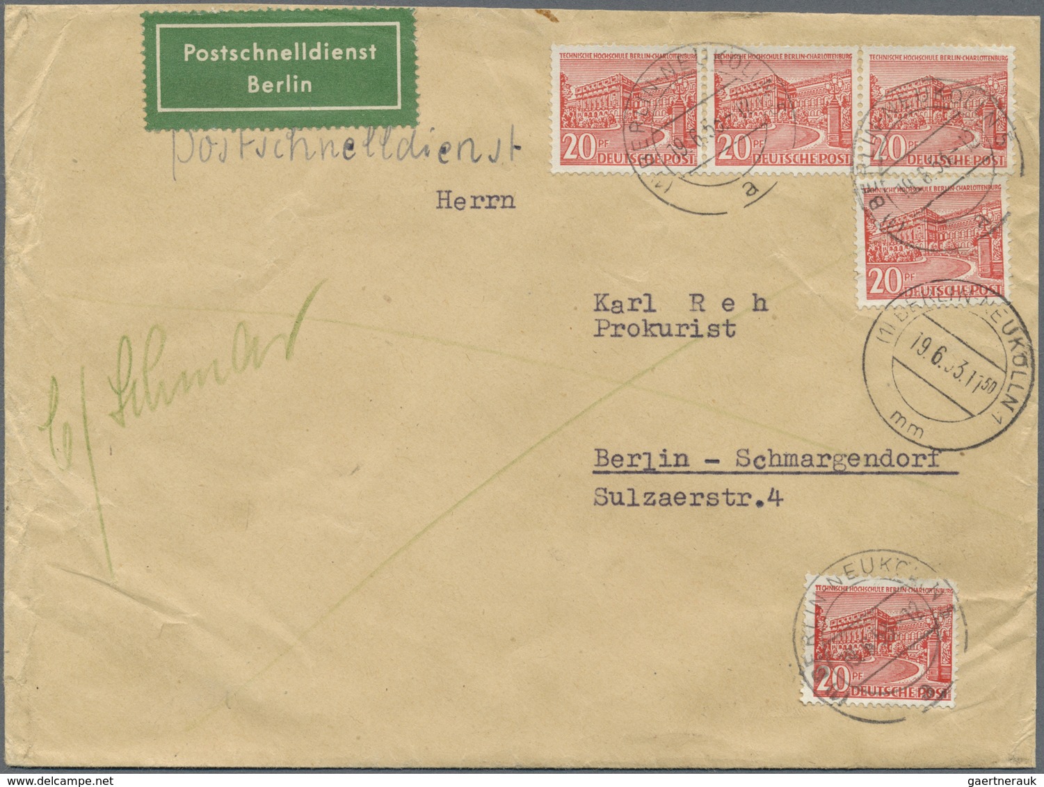 Br Berlin: 1949, 20 Pf Rot Bauten, 2 Postschnelldienstbriefe: Dabei Senkr. 4er-Streifen Auf Brief Von B - Sonstige & Ohne Zuordnung