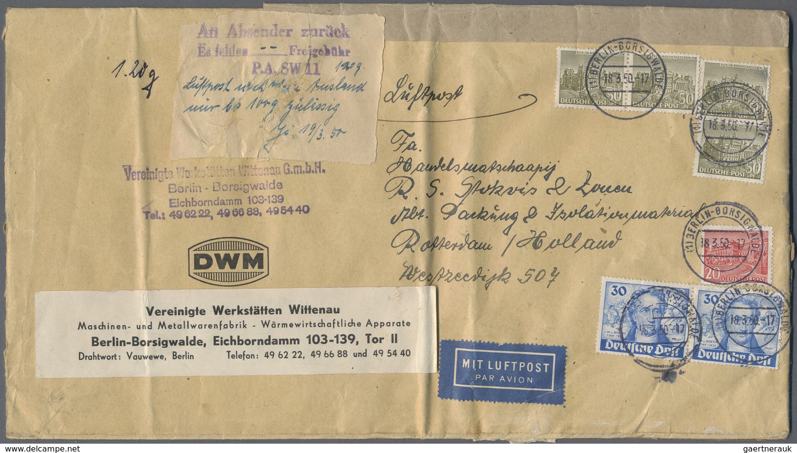 Br Berlin: 1950: Umschlag Ca. 27,5 X 15 Cm Als LUFTPOSTBRIEF EUROPA  120 Gramm, Absender DMW Berlin-Bor - Altri & Non Classificati