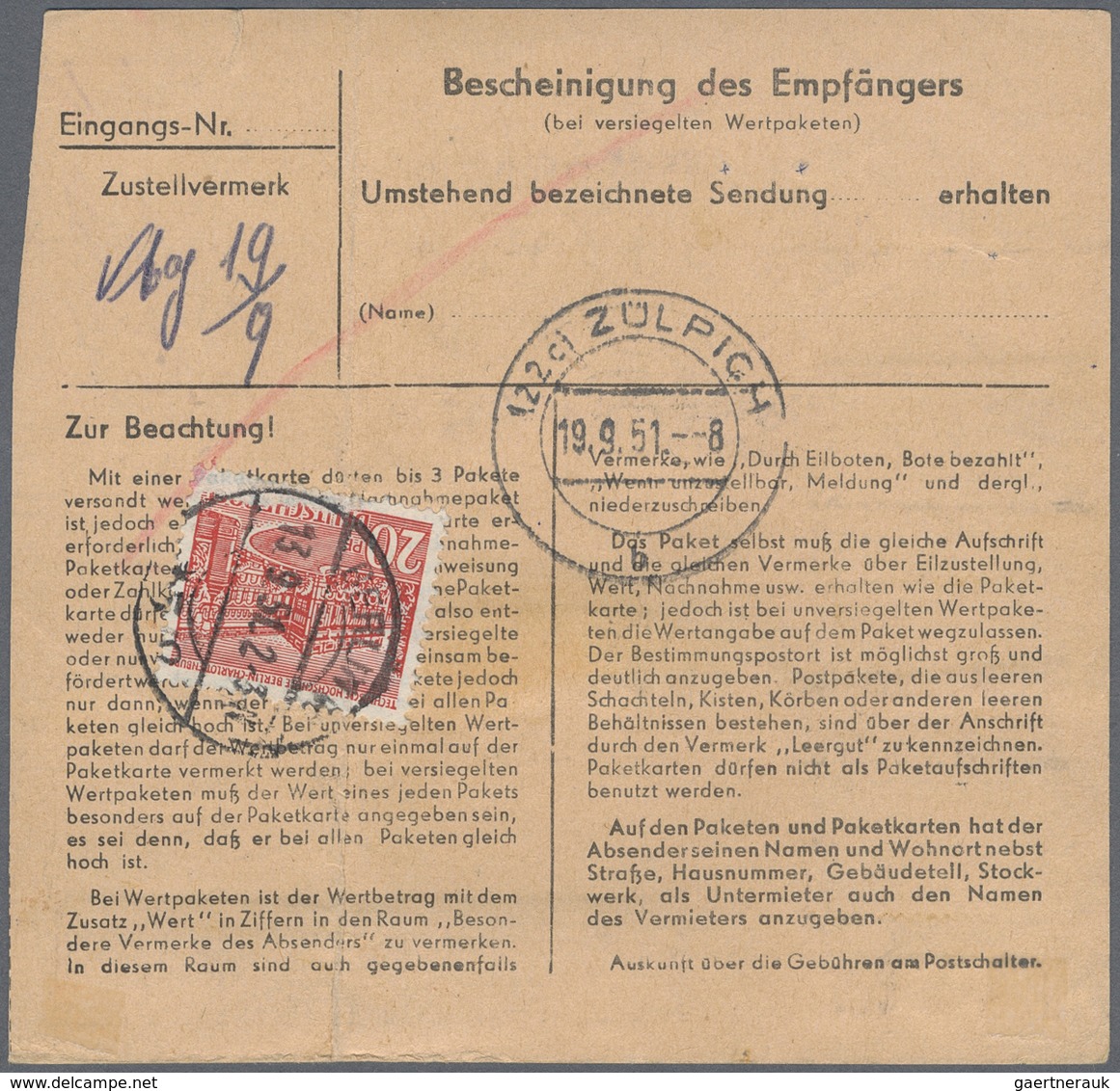 Br Berlin: 1951: Schnellpaketkarte (Bugsp.) über 19 Kg. – Gebühr DM 7,20 Mit 20 Pf. 2.- Und 5.- DM Baut - Altri & Non Classificati