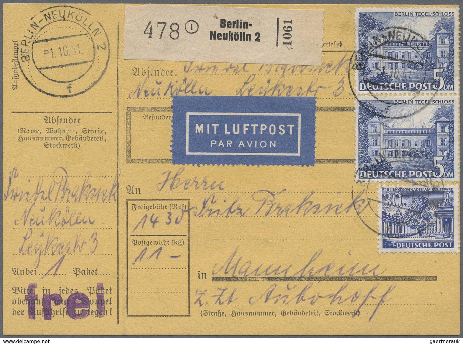 Br Berlin: 1951: Paketkarte Inland über 11 Kg. Mit LUFTPOST, Gebühr DM 14,30 Mit 30 Pf. 2 X 2.- Und 2 X - Sonstige & Ohne Zuordnung